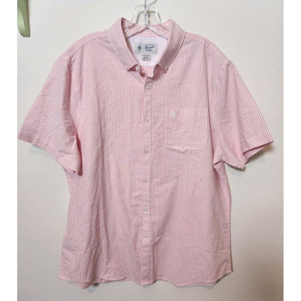 Original Penguin Pink Striped Button Down Shirt Short Sleeve Embroidered Logo XL